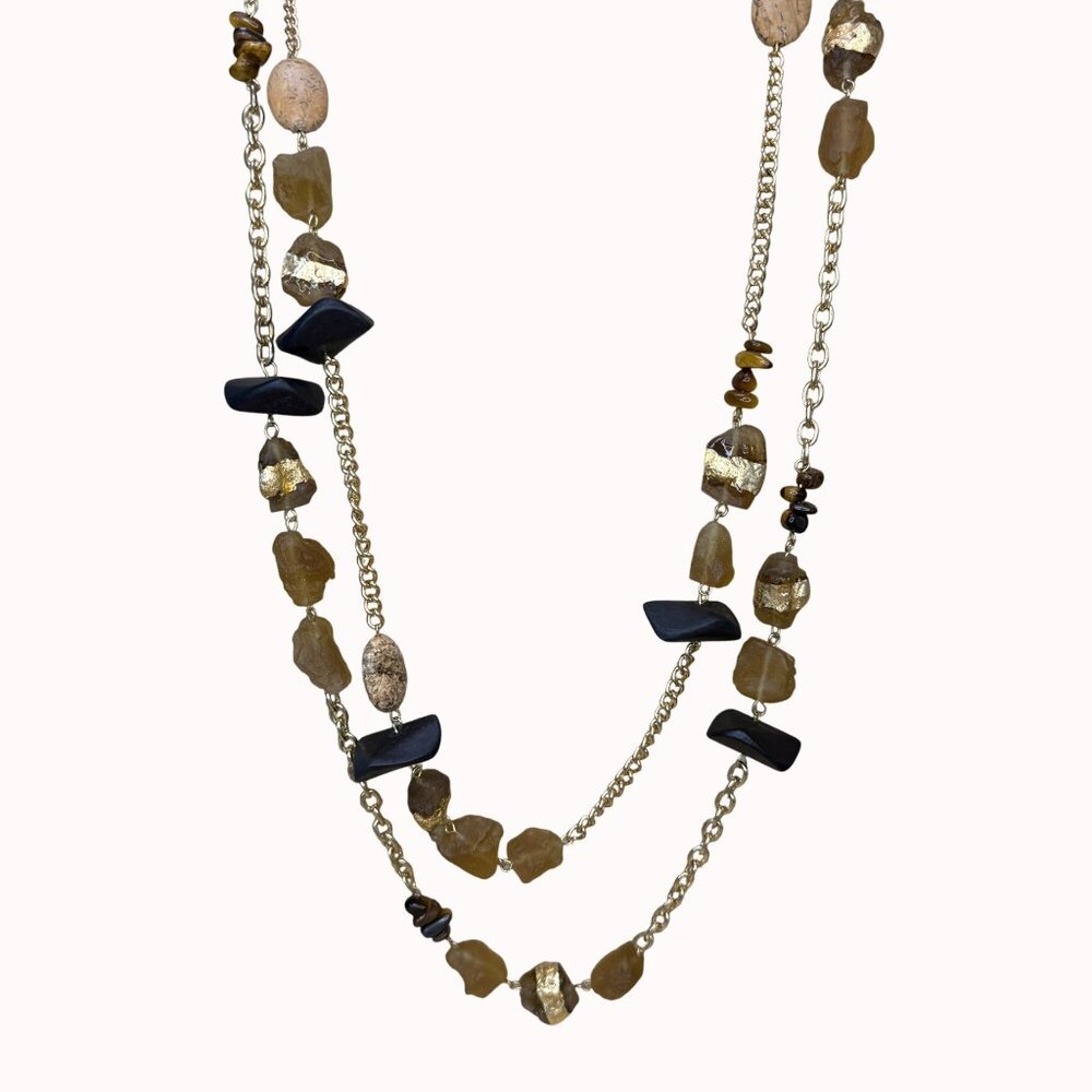 Gold-Tone Multi-Strand Necklace W/ Brown & Black Beads Chunky Design Fashion Jew